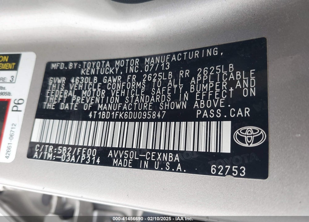 2013 TOYOTA CAMRY HYBRID VIN: 4T1BD1FK6DU095847