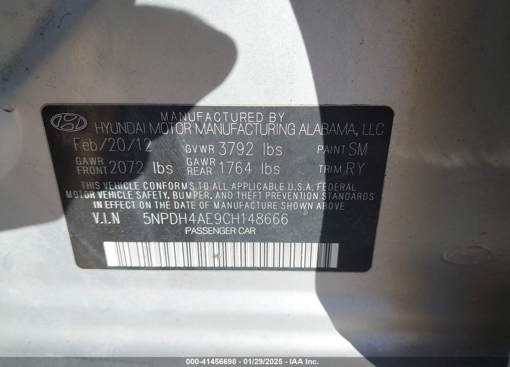 2012 HYUNDAI ELANTRA VIN: 5NPDH4AE9CH148666