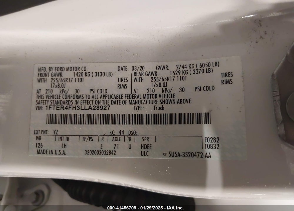 2020 FORD RANGER VIN: 1FTER4FH3LLA28927