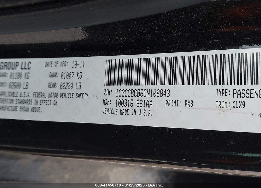 2012 CHRYSLER 200 LIMITED VIN: 1C3CCBCB6CN108843
