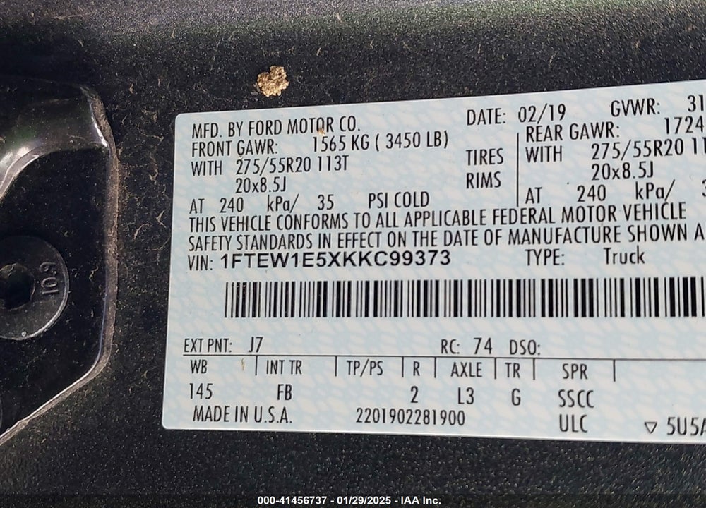 2019 FORD F150 VIN: 1FTEW1E5XKKC99373