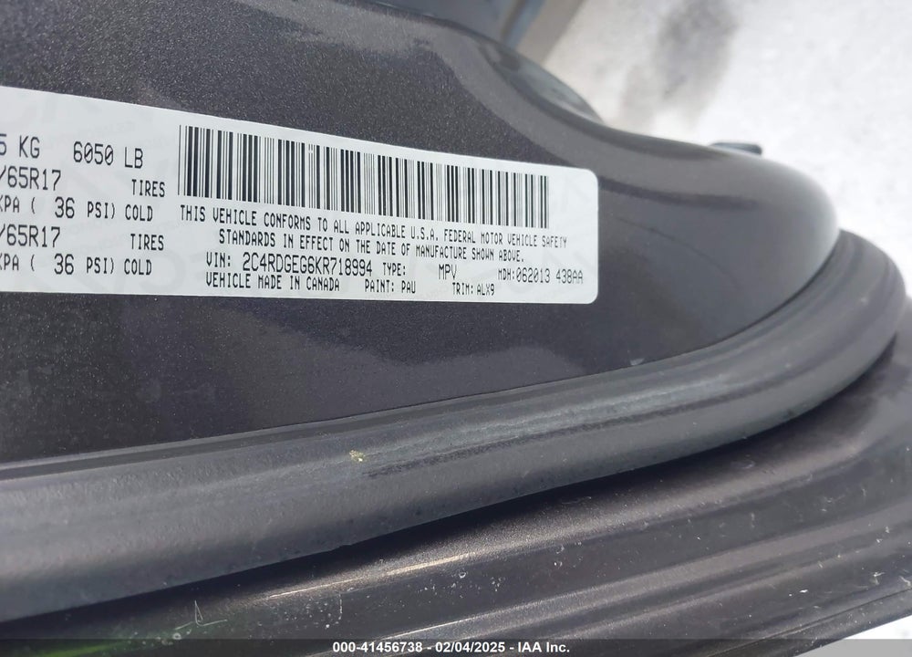 2019 DODGE GRAND CARAVAN VIN: 2C4RDGEG6KR718994