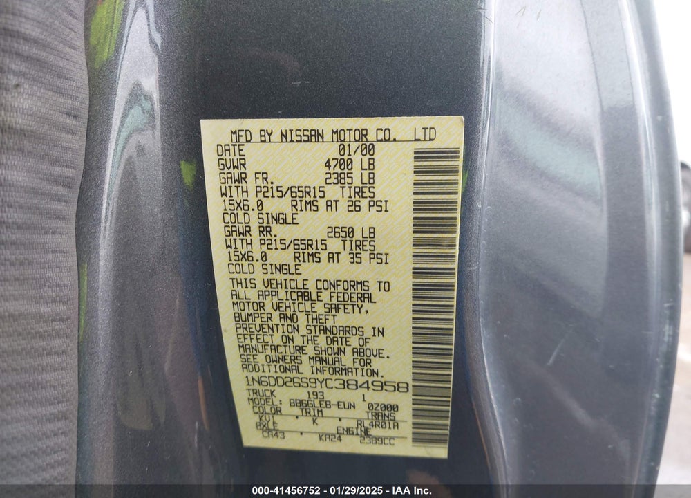 2000 NISSAN FRONTIER XE VIN: 1N6DD26S9YC384958