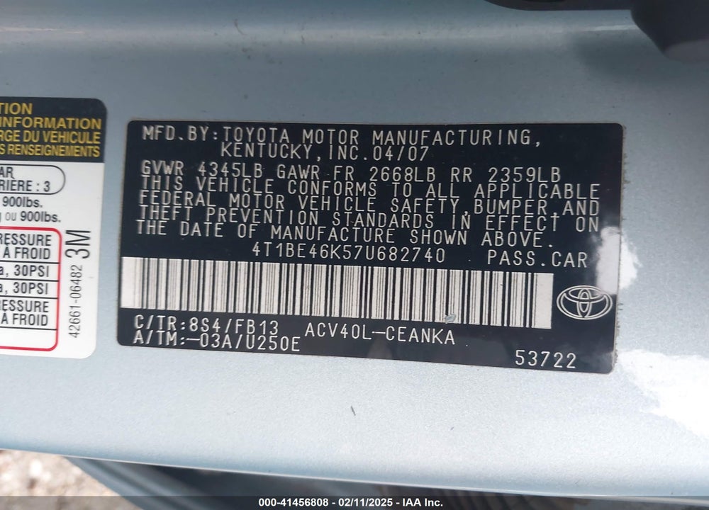 2007 TOYOTA CAMRY VIN: 4T1BE46K57U682740