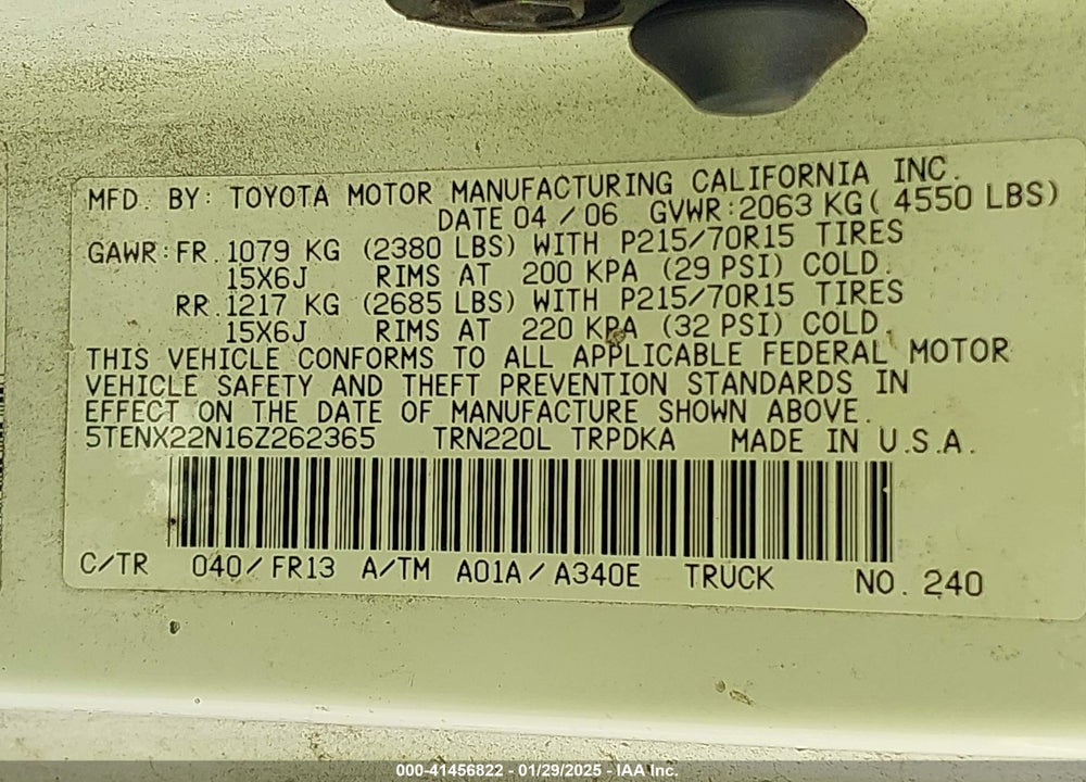 2006 TOYOTA TACOMA VIN: 5TENX22N16Z262365