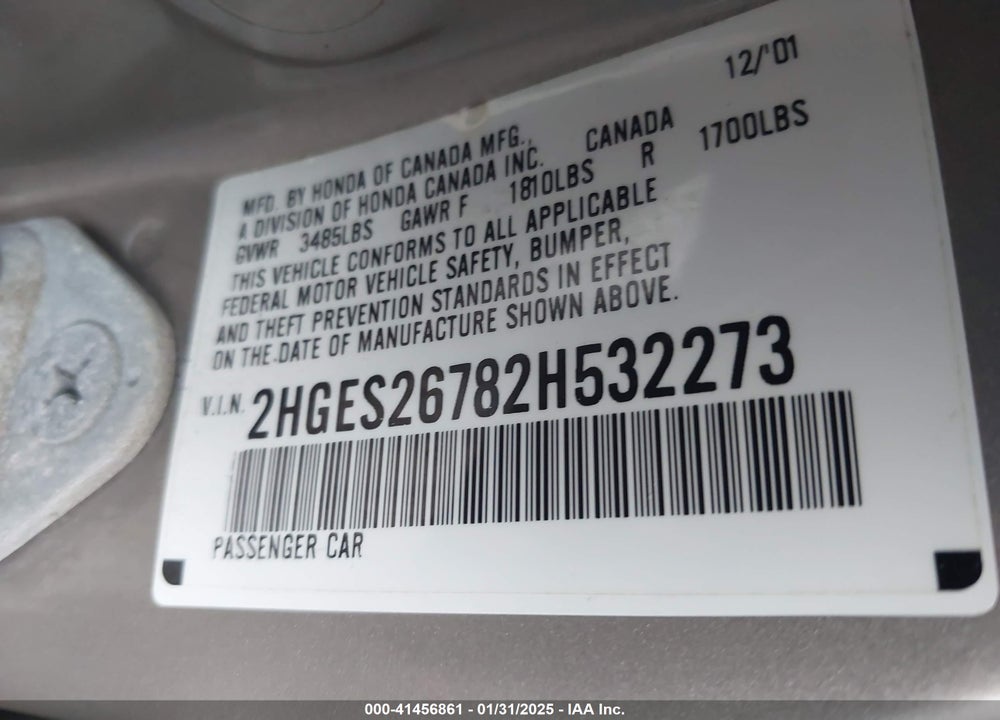 2002 HONDA CIVIC EX VIN: 2HGES26782H532273