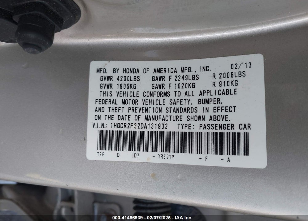 2013 HONDA ACCORD VIN: 1HGCR2F32DA131903