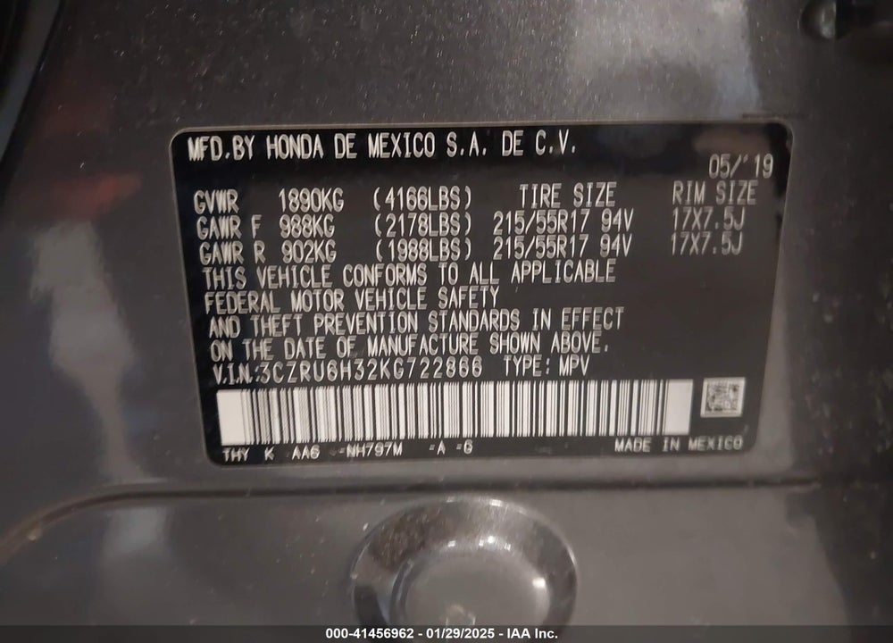 2019 HONDA HR-V LX VIN: 3CZRU6H32KG722866