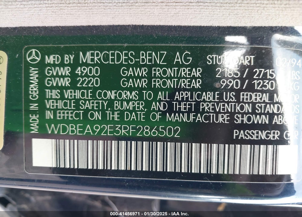 1994 MERCEDES-BENZ E VIN: WDBEA92E3RF286502