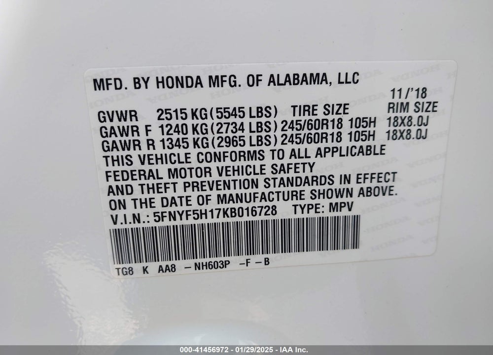 2019 HONDA PILOT LX VIN: 5FNYF5H17KB016728