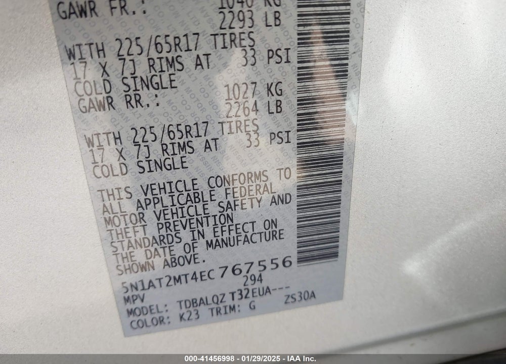 2014 NISSAN ROGUE SV VIN: 5N1AT2MT4EC767556
