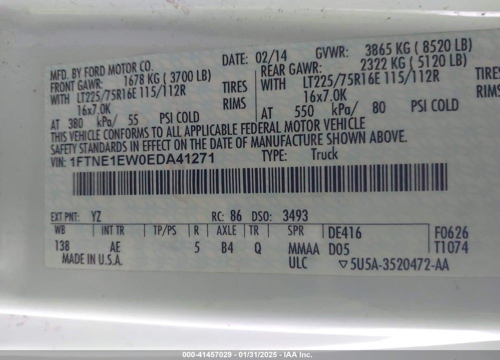 2014 FORD E-150 COMMERCIAL VIN: 1FTNE1EW0EDA41271