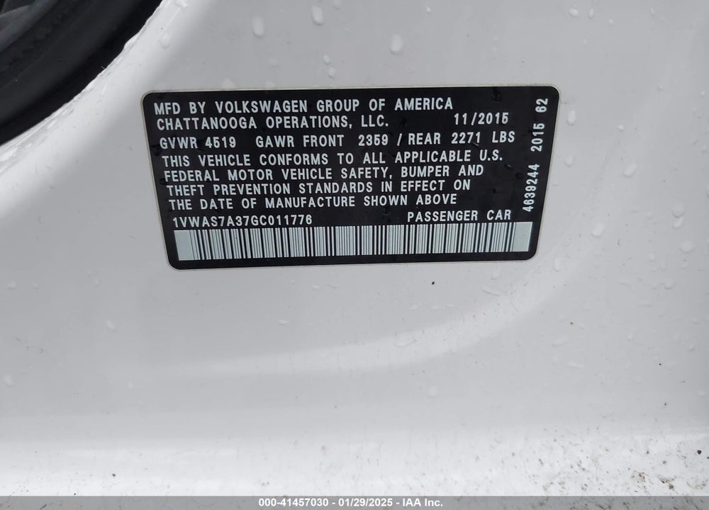 2016 VOLKSWAGEN PASSAT VIN: 1VWAS7A37GC011776