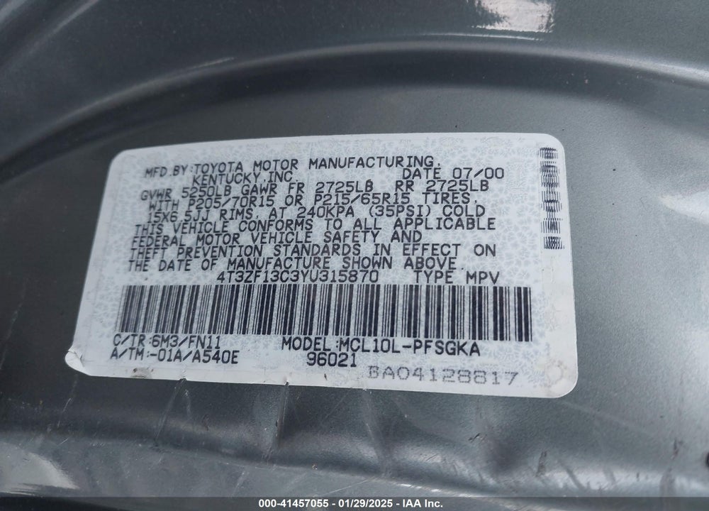 2000 TOYOTA SIENNA LE VIN: 4T3ZF13C9YU191748