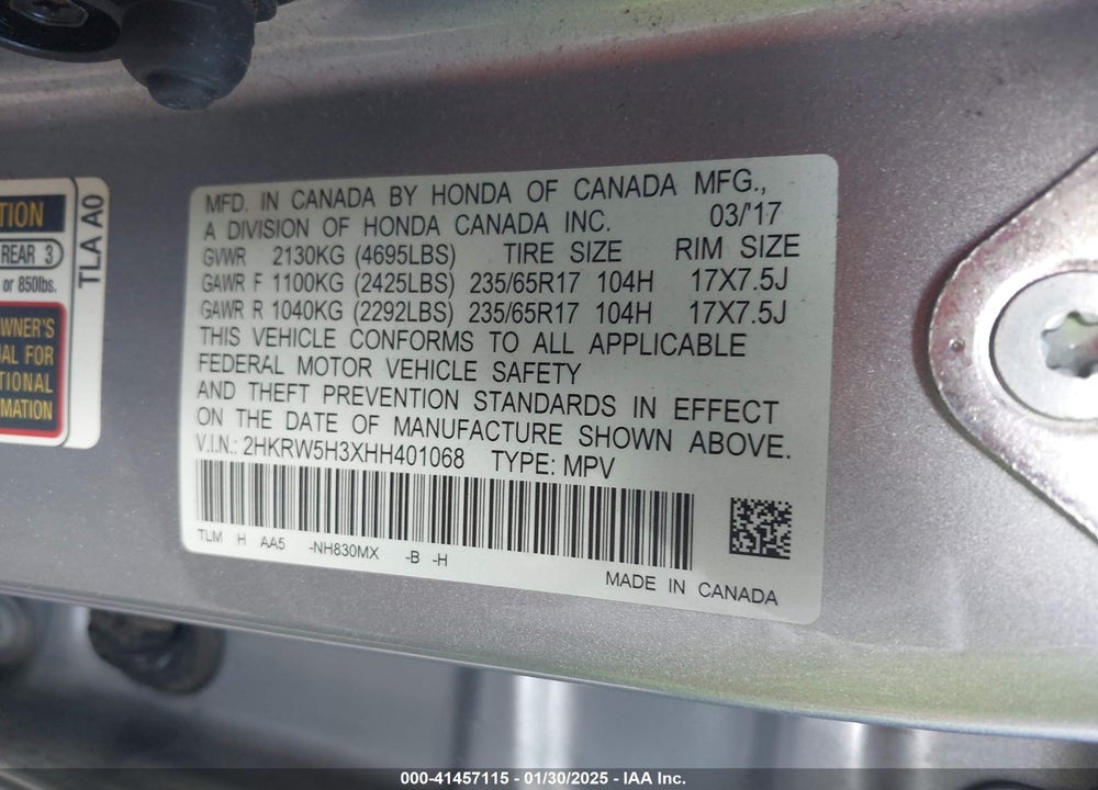 2017 HONDA CR-V LX VIN: 2HKRW5H3XHH401068