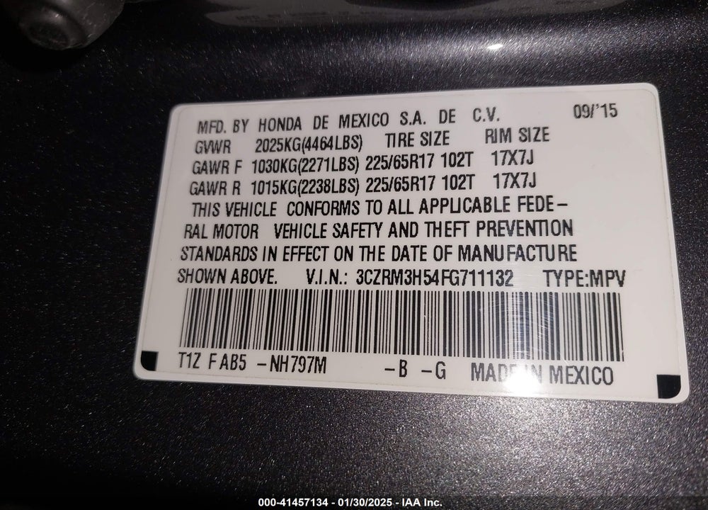 2015 HONDA CR-V EX VIN: 3CZRM3H54FG711132