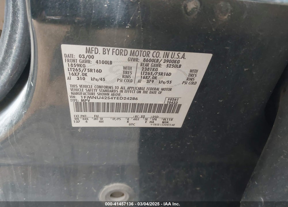 2000 FORD EXCURSION LIMITED VIN: 1FMNU42S4YED24286