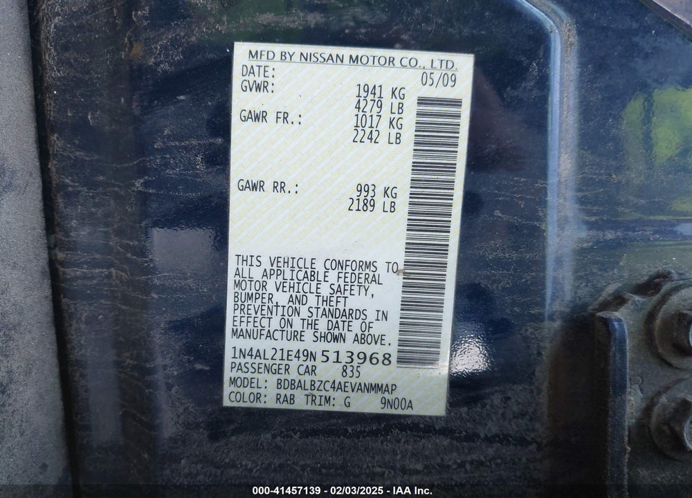 2009 NISSAN ALTIMA VIN: 1N4AL21E49N513968