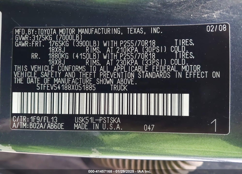 2008 TOYOTA TUNDRA SR5 5.7L V8 VIN: 5TFEV54188X051885