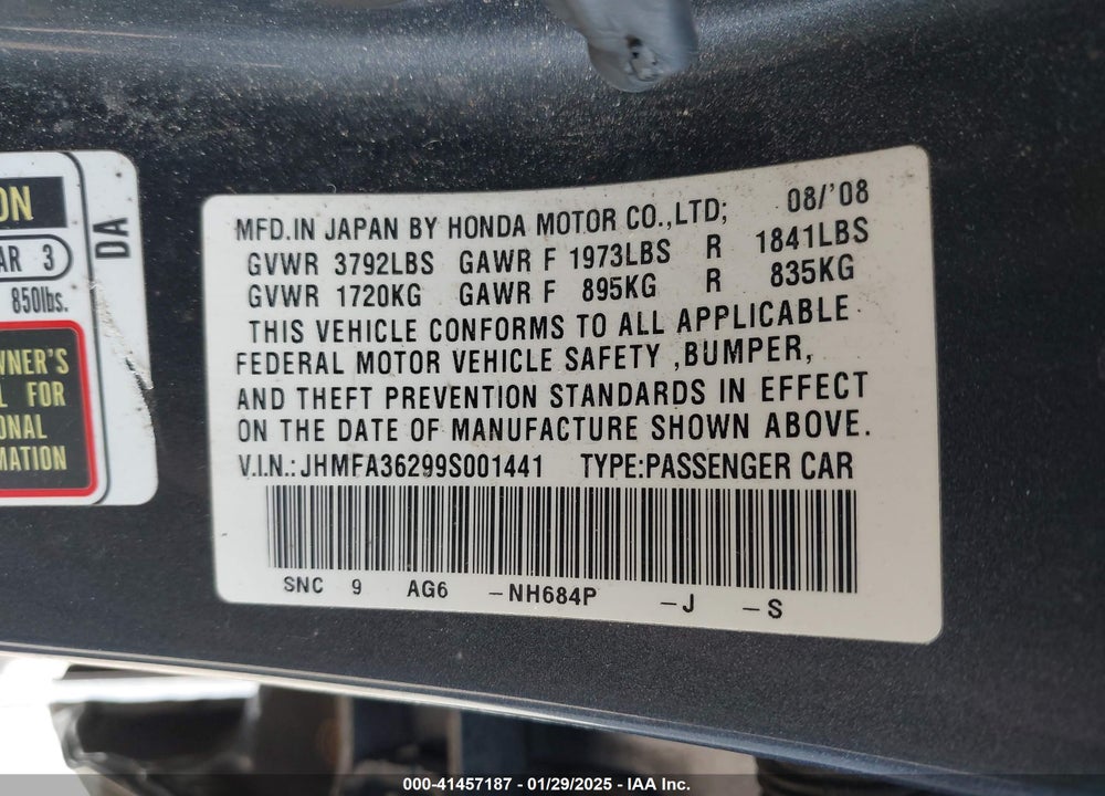 2009 HONDA CIVIC HYBRID VIN: JHMFA36299S001441