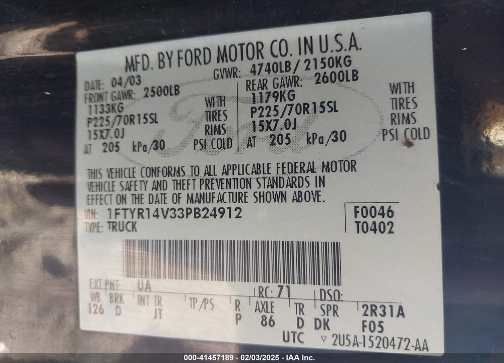2003 FORD RANGER EDGE/TREMOR/XL/XLT VIN: 1FTYR14V33PB24912