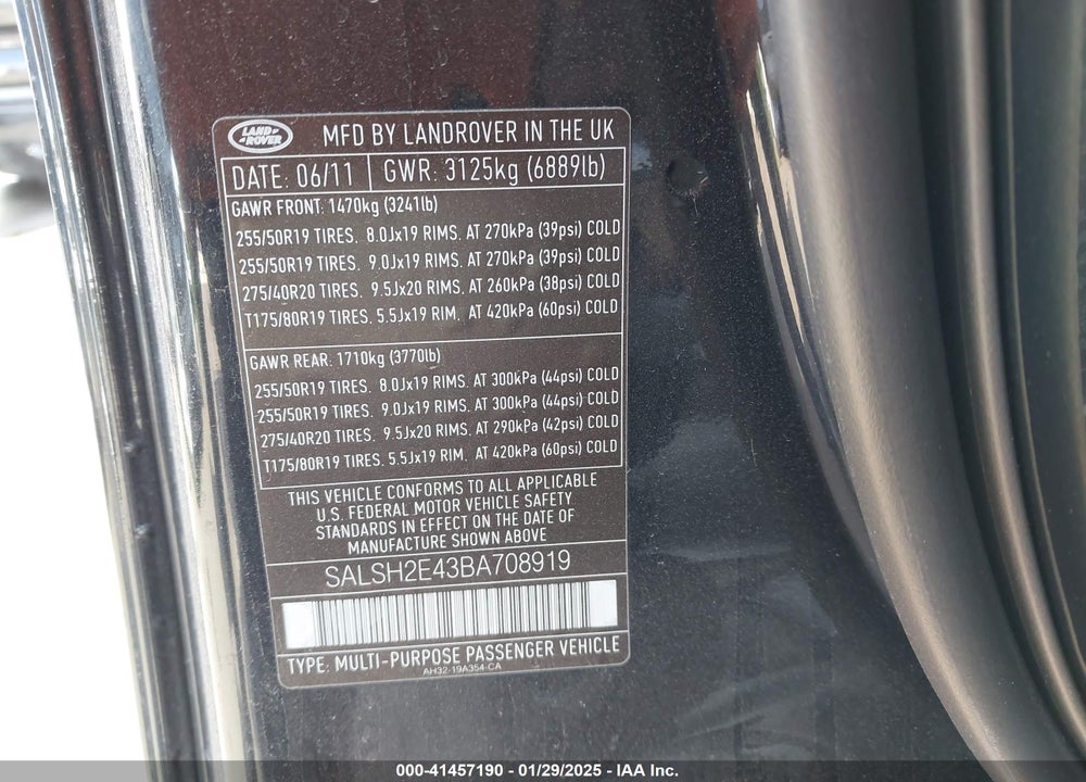 2011 LAND ROVER RANGE ROVER SPORT SUPERCHARGED VIN: SALSH2E43BA708919