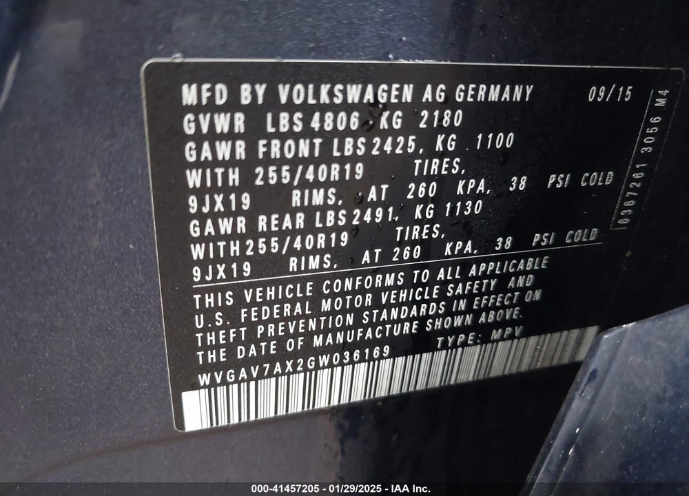 2016 VOLKSWAGEN TIGUAN R-LINE VIN: WVGAV7AX2GW036169