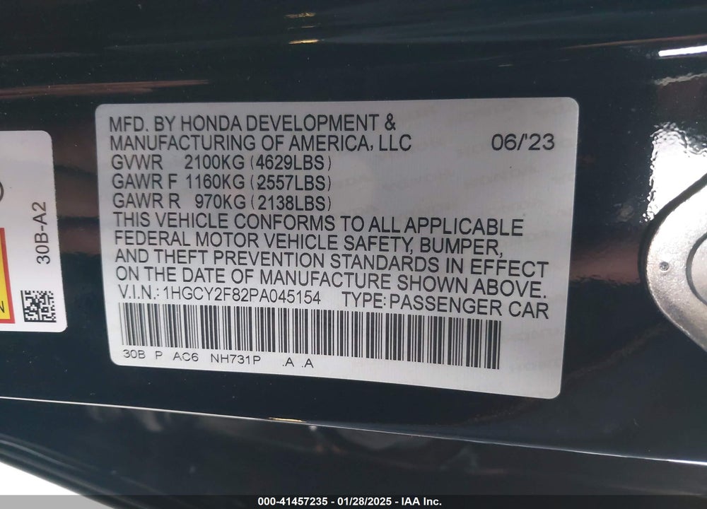 2023 HONDA ACCORD HYBRID TOURING VIN: 1HGCY2F82PA045154