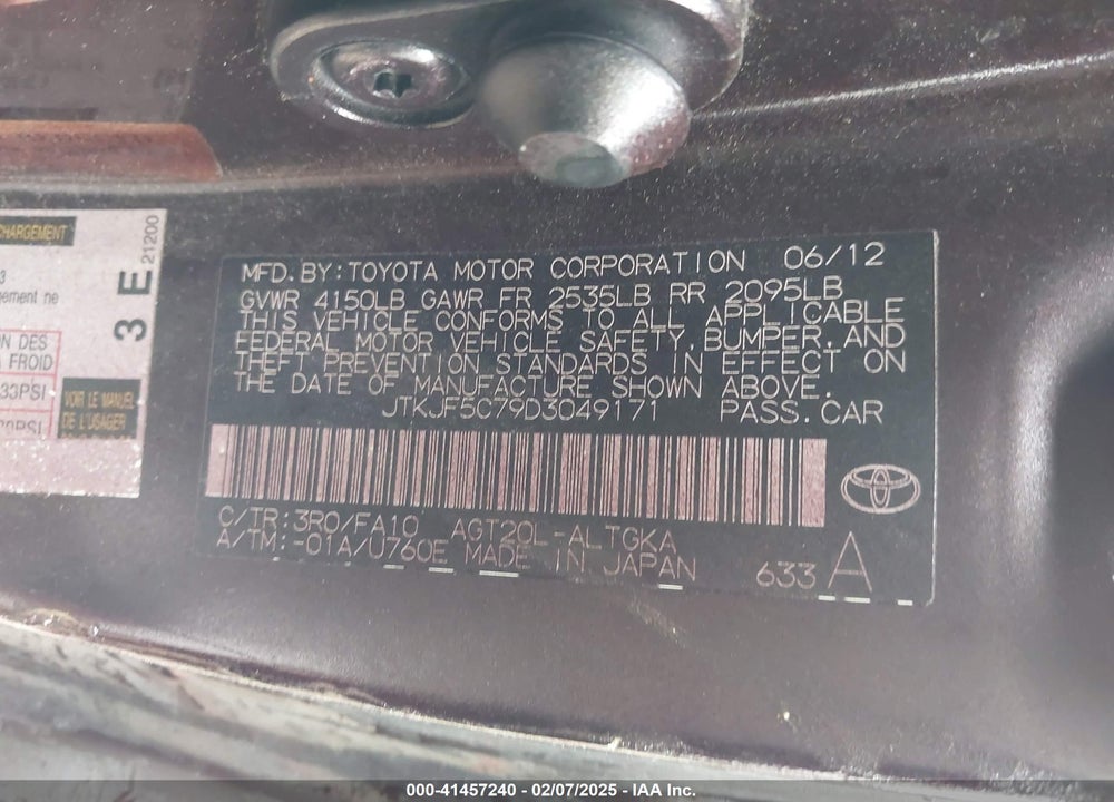 2013 SCION TC VIN: JTKJF5C79D3049171