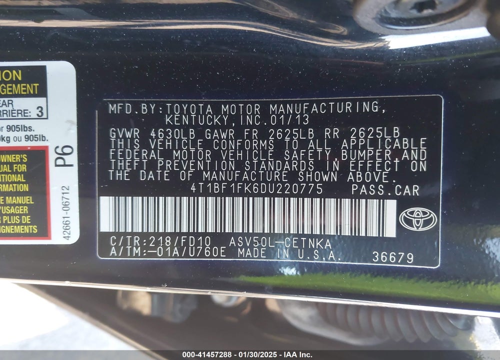 2013 TOYOTA CAMRY VIN: 4T1BF1FK6DU220775