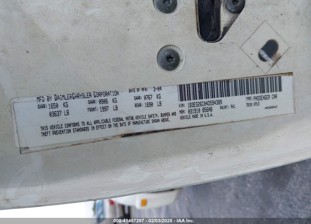 2004 DODGE NEON SE VIN: 1B3ES26C04D594389
