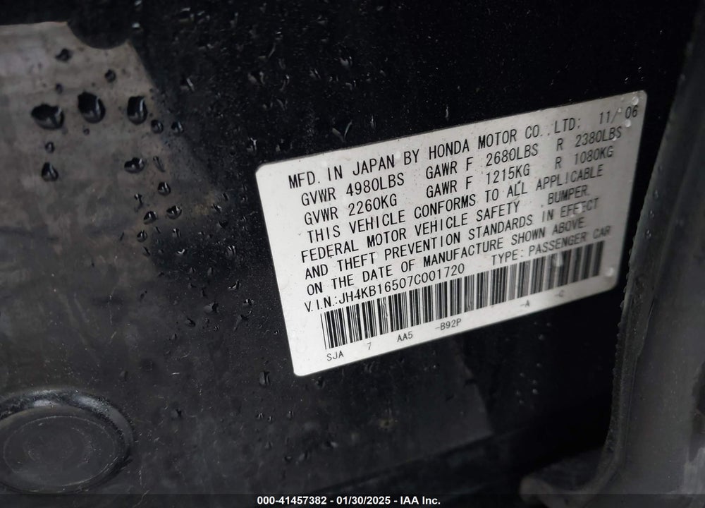 2007 ACURA RL 3.5 VIN: JH4KB16507C001720