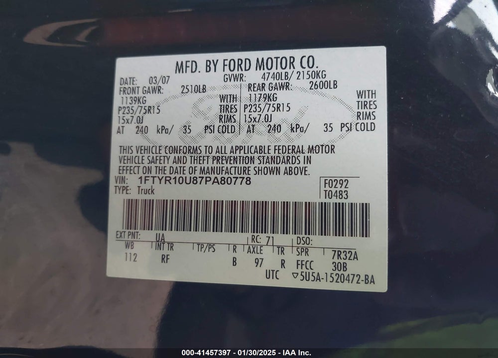 2007 FORD RANGER SPORT/STX/XL/XLT VIN: 1FTYR10U87PA80778