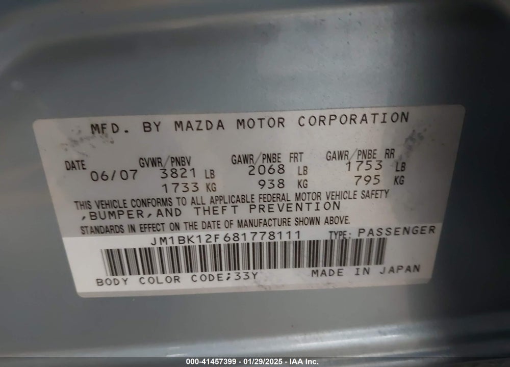2008 MAZDA MAZDA3 VIN: JM1BK12F681778111