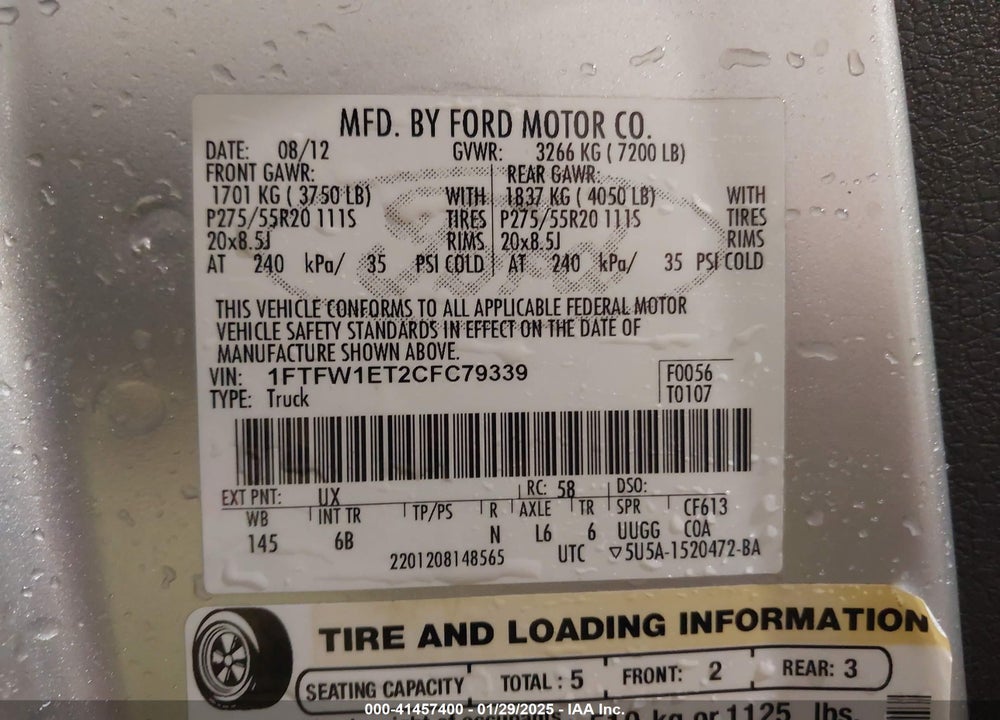 2012 FORD F-150 FX4 VIN: 1FTFW1ET2CFC79339