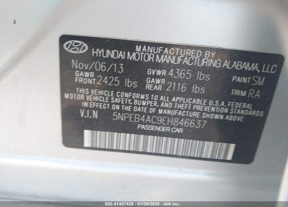 2014 HYUNDAI SONATA VIN: 5NPEB4AC9EH846637