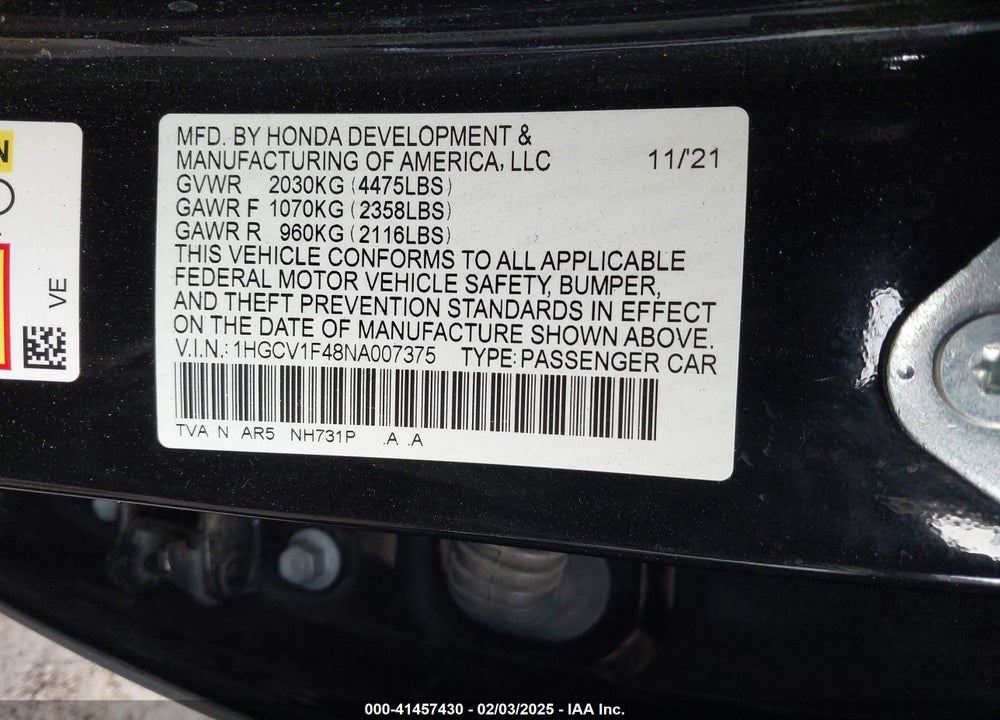 2022 HONDA ACCORD VIN: 1HGCV1F48NA007375