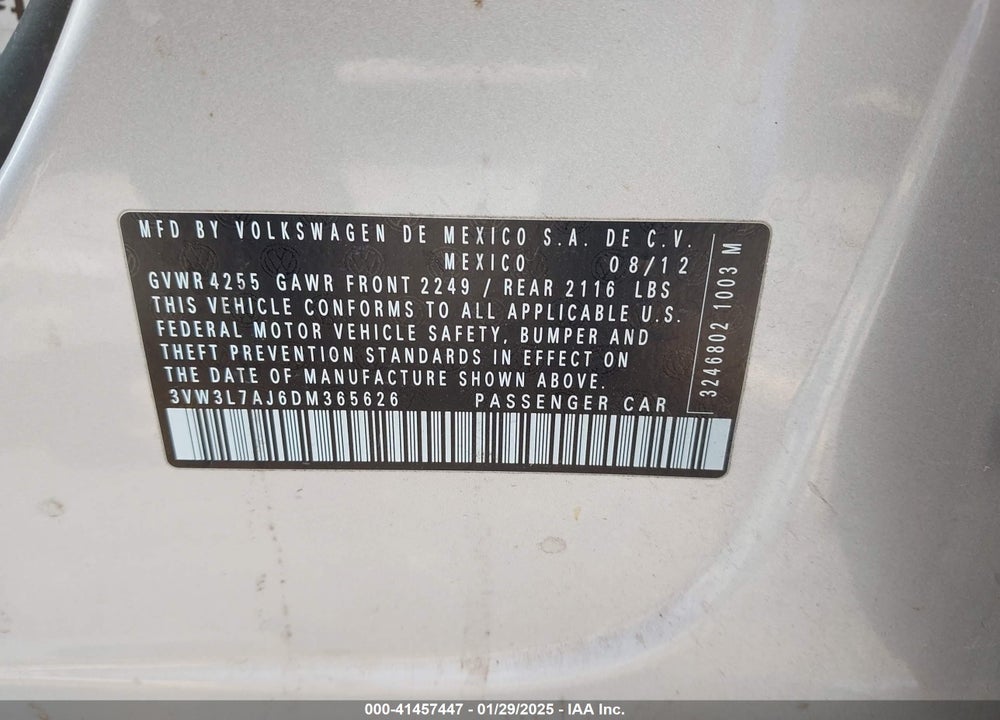 2013 VOLKSWAGEN JETTA VIN: 3VW3L7AJ6DM365626