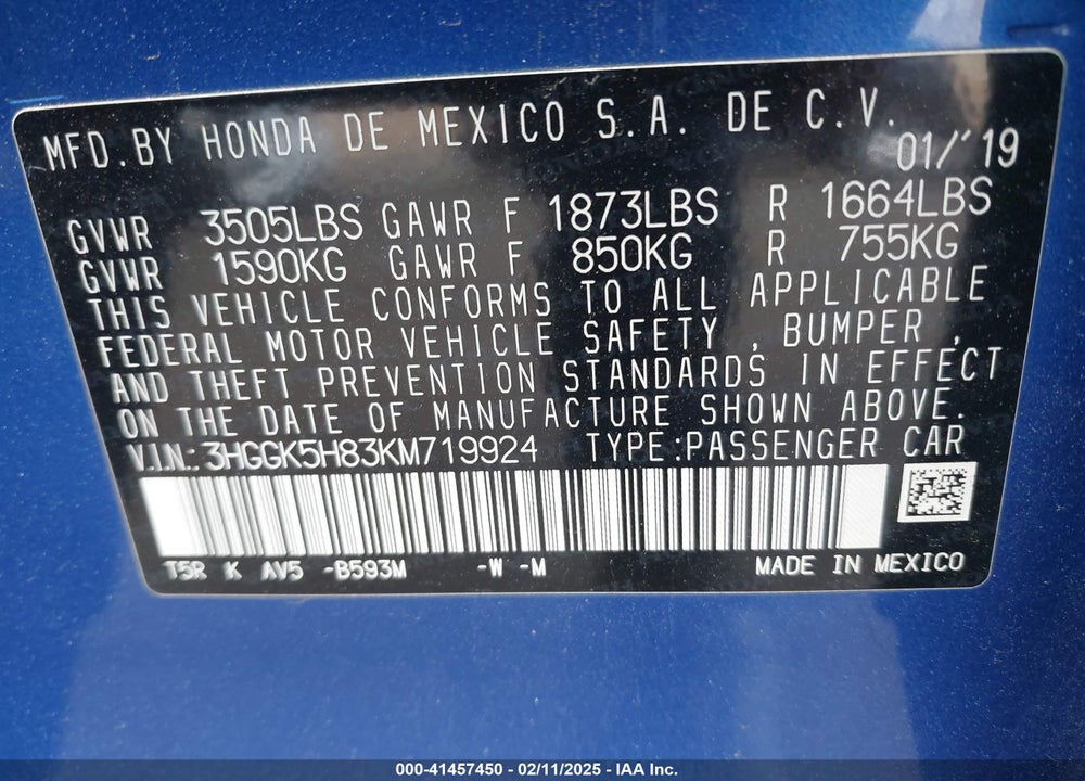 2019 HONDA FIT EX VIN: 3HGGK5H83KM719924