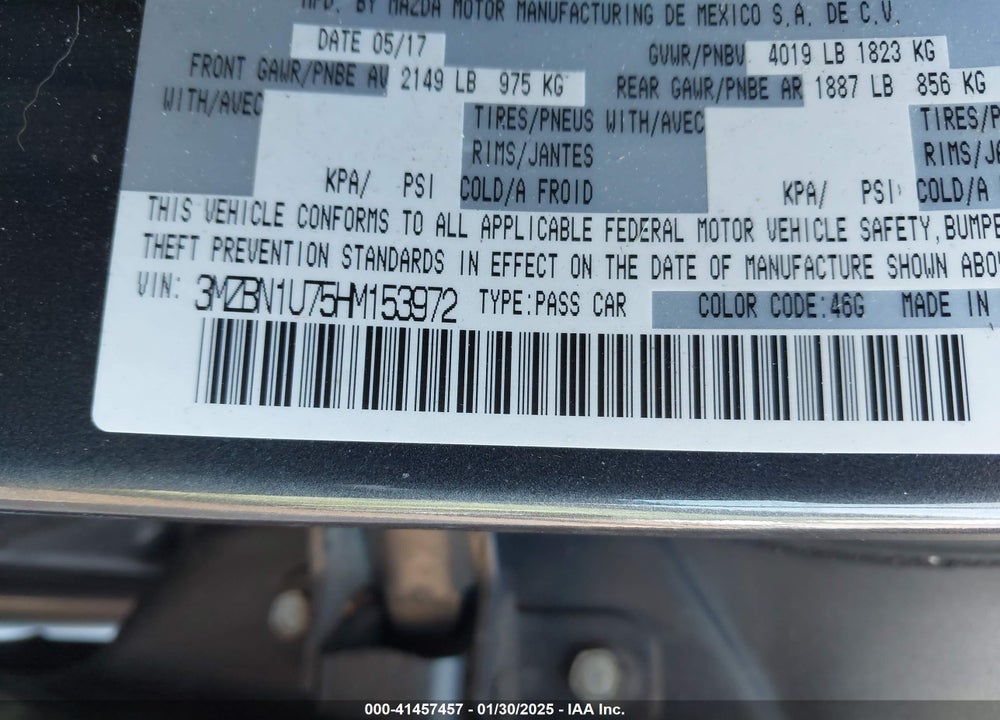 2017 MAZDA 3 VIN: 3MZBN1U75HM153972