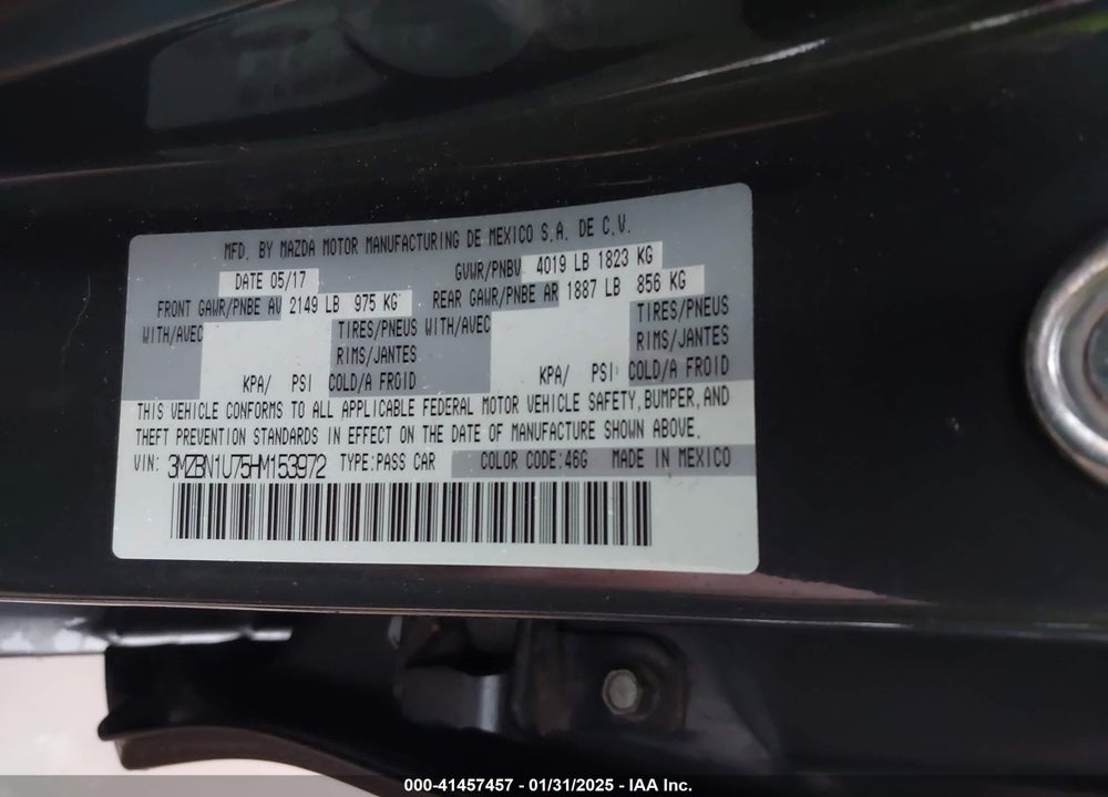 2017 MAZDA 3 VIN: 3MZBN1U75HM153972
