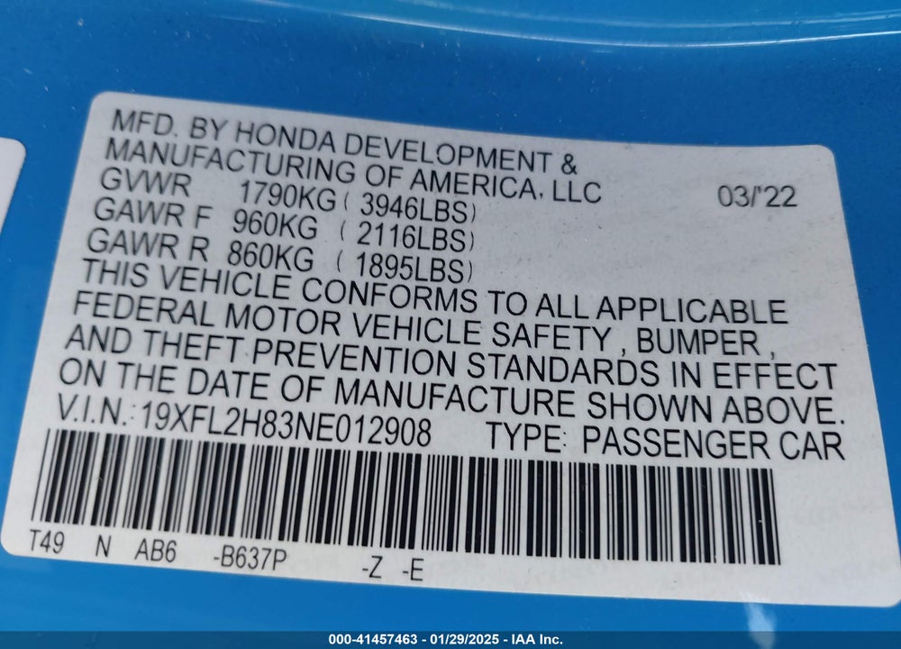 2022 HONDA CIVIC VIN: 19XFL2H83NE012908