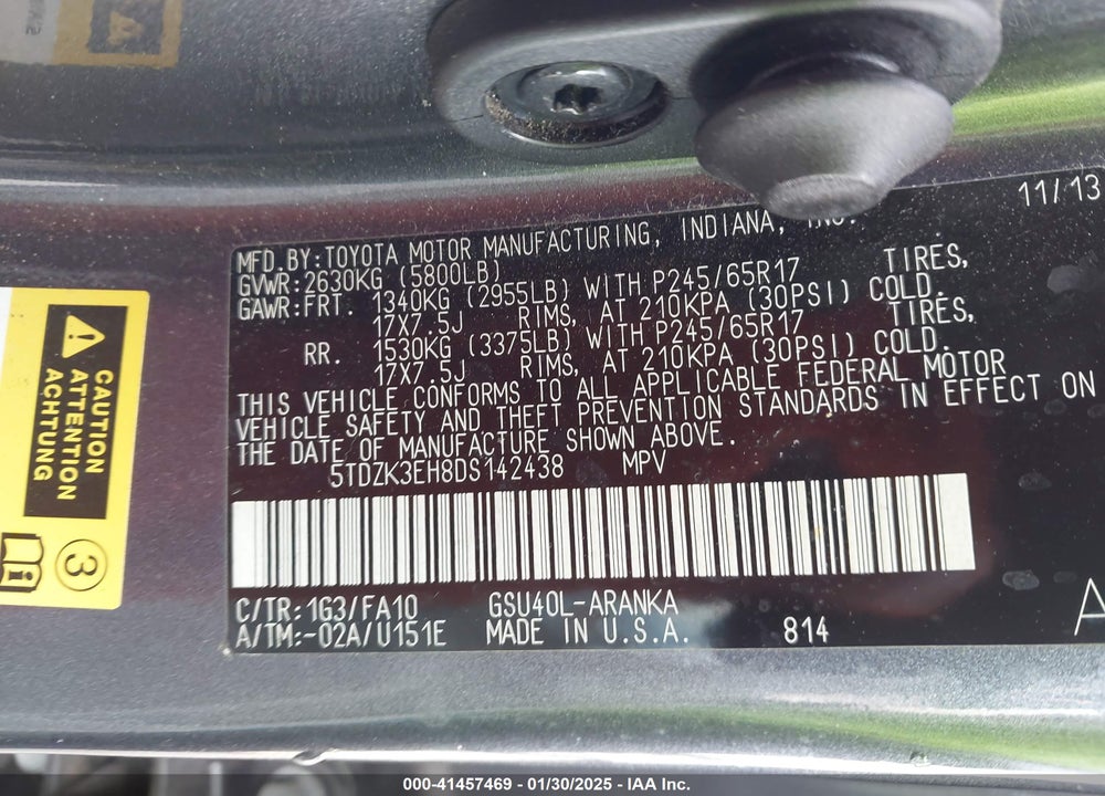 2013 TOYOTA HIGHLANDER BASE PLUS V6 VIN: 5TDZK3EH8DS142438