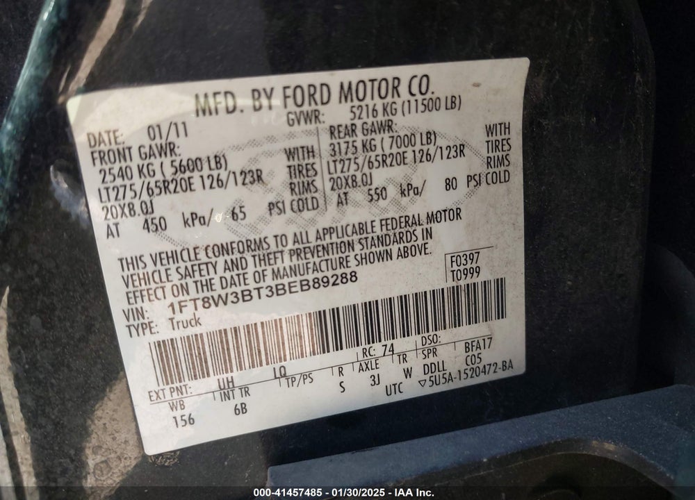 2011 FORD F-350 LARIAT VIN: 1FT8W3BT3BEB89288