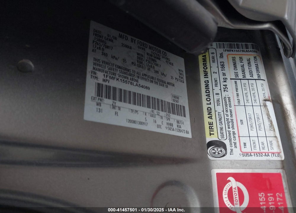 2008 FORD EXPEDITION EL XLT VIN: 1FMFK15578LA54089