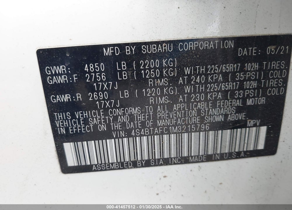 2021 SUBARU OUTBACK PREMIUM VIN: 4S4BTAFC1M3215796