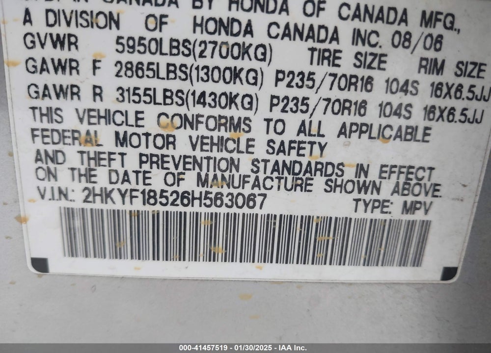 2006 HONDA PILOT EX-L VIN: 2HKYF18526H563067