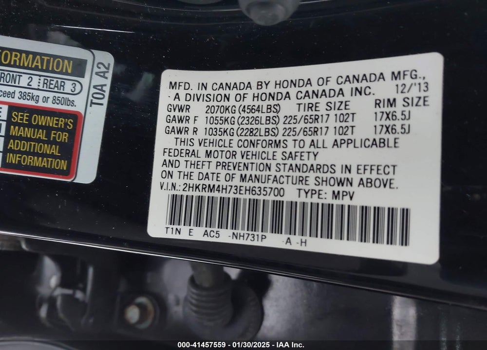 2014 HONDA CR-V EX-L VIN: 2HKRM4H73EH635700