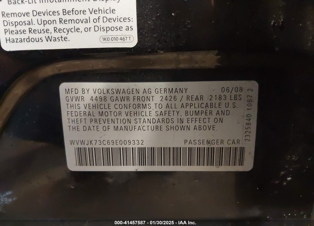 2009 VOLKSWAGEN PASSAT VIN: WVWJK73C69E009332