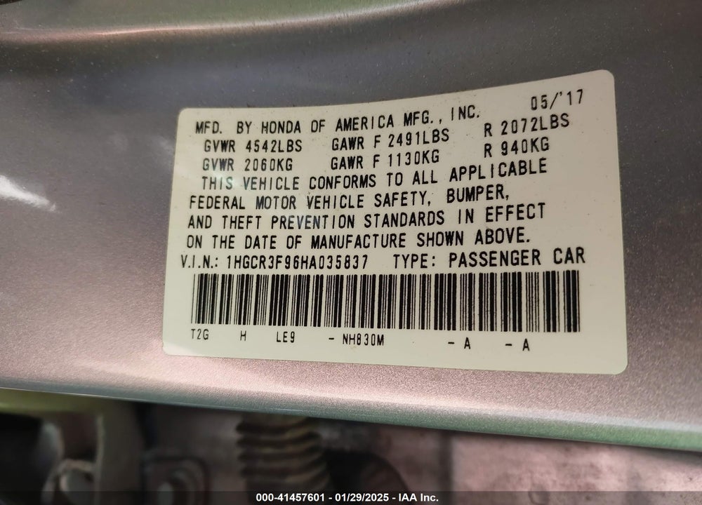 2017 HONDA ACCORD VIN: 1HGCR3F96HA035837